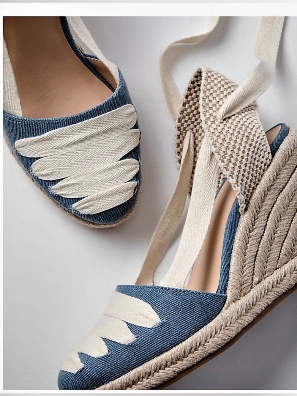 LOFT Ribbon Lace Up Espadrille Wedges Blue & Cream